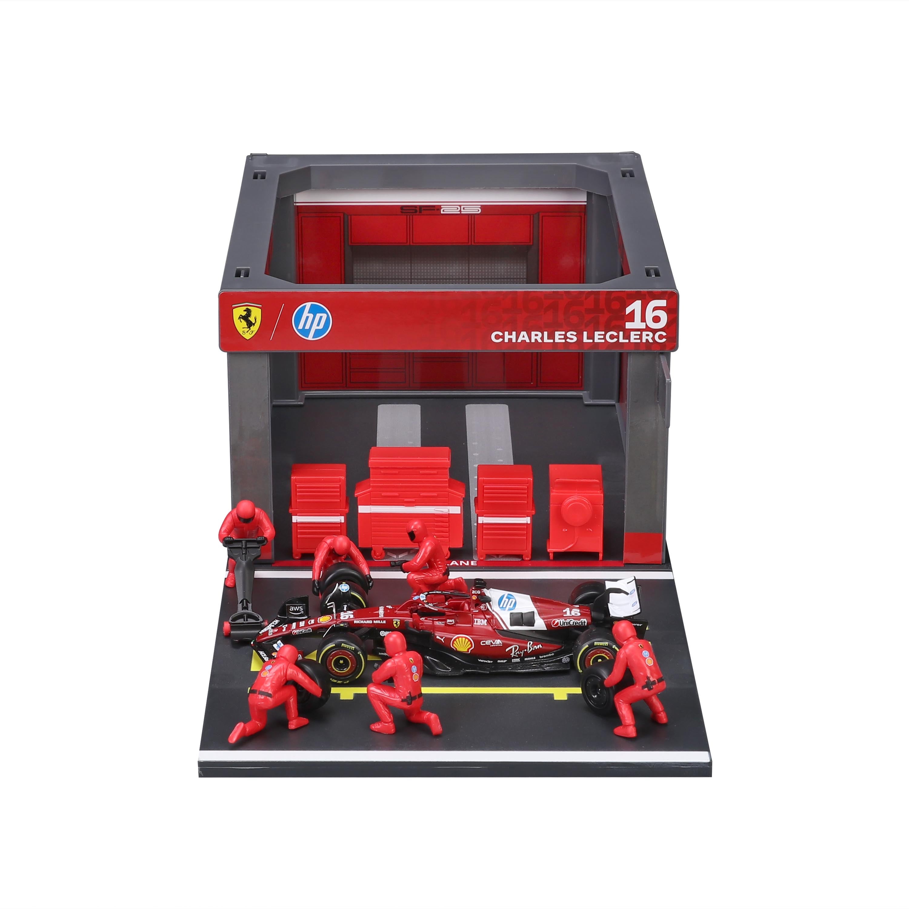 bburago-pit-stop-ferrari-sf-25-16-charles-leclerc-playset-diorama-f1-1-43 image 3