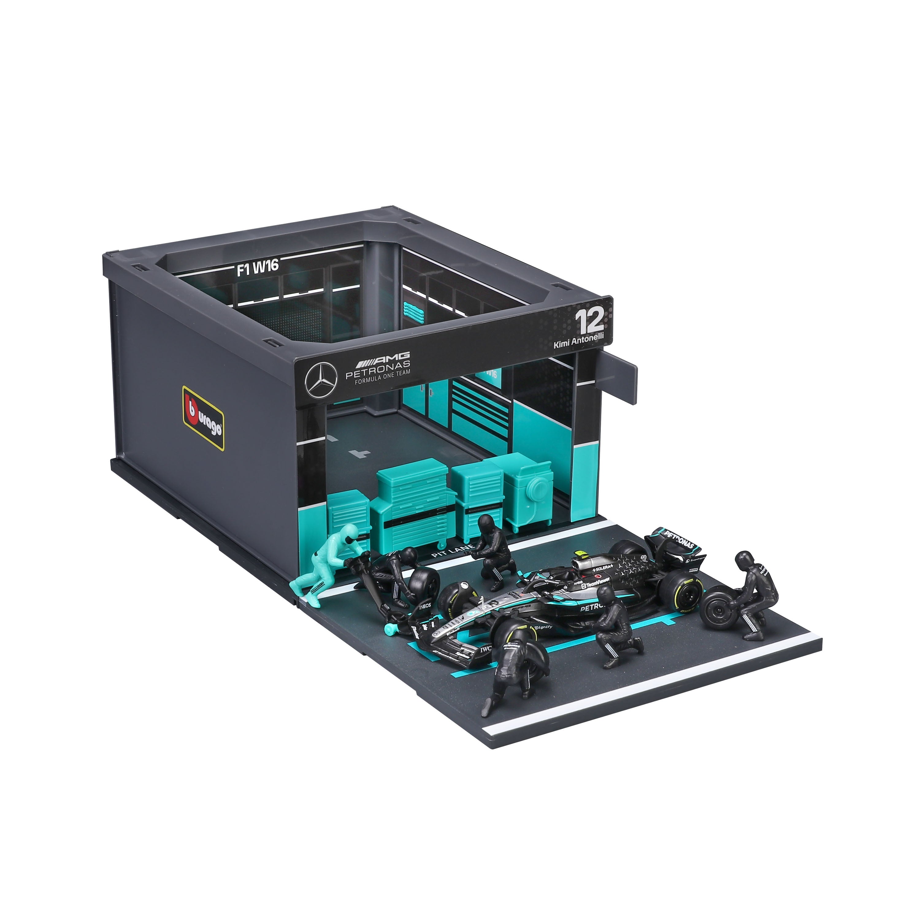 bburago-pit-stop-mercedes-amg-f1-w16-12-kimi-antonelli-2025-1-43-playset-diorama image 4