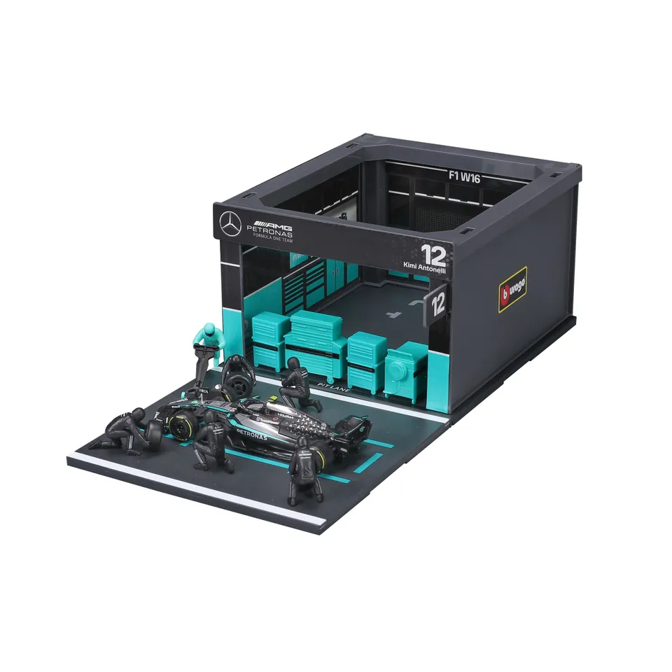 bburago-pit-stop-mercedes-amg-f1-w16-12-kimi-antonelli-2025-1-43-playset-diorama image 1
