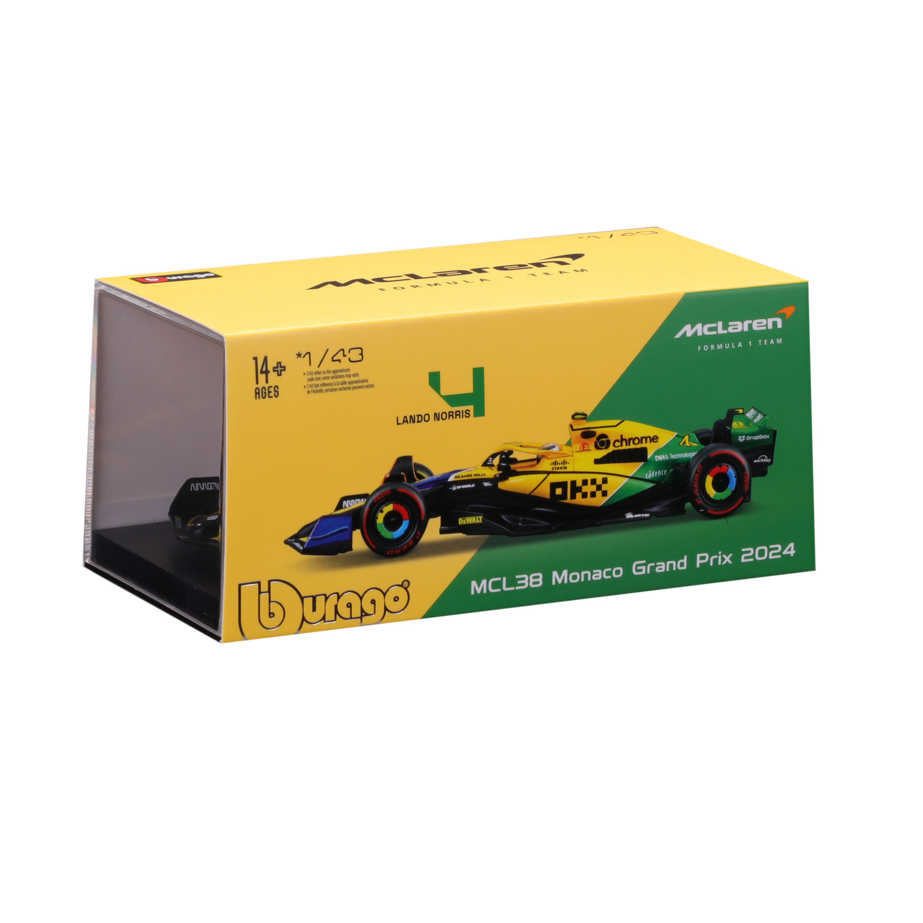 bburago-mclaren-mcl38-4-norris-monaco-2024-1-43-livr-e-senna-avec-pilote-et-vitr image 2