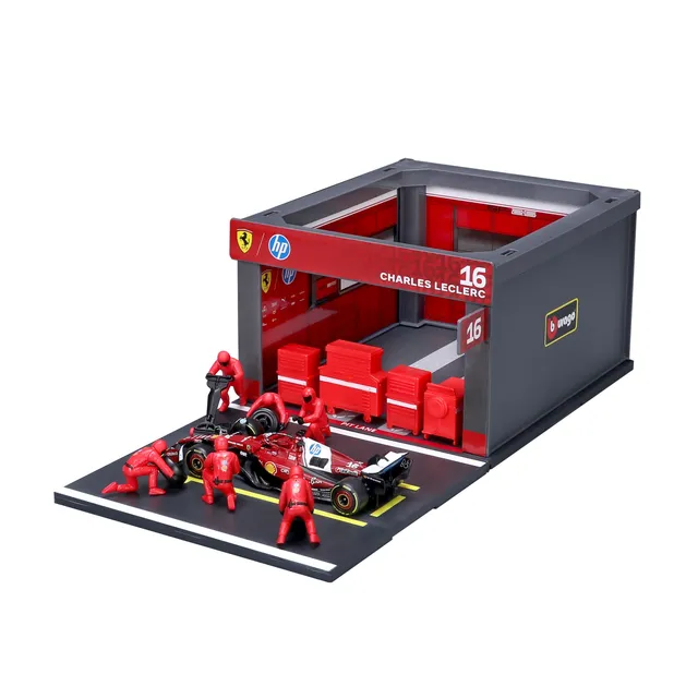 bburago-pit-stop-ferrari-sf-25-16-charles-leclerc-playset-diorama-f1-1-43 image 1