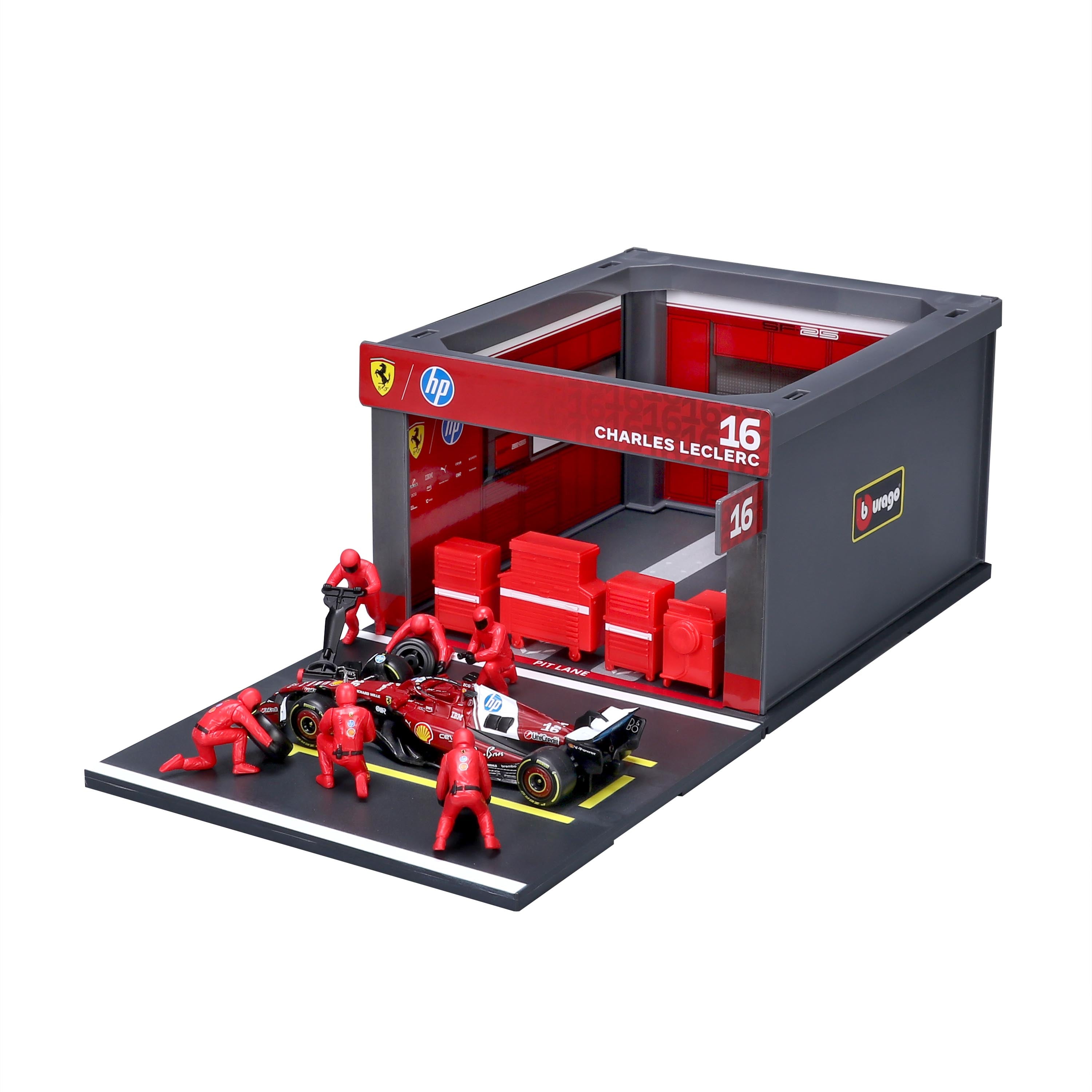 bburago-pit-stop-ferrari-sf-25-16-charles-leclerc-playset-diorama-f1-1-43 image 1