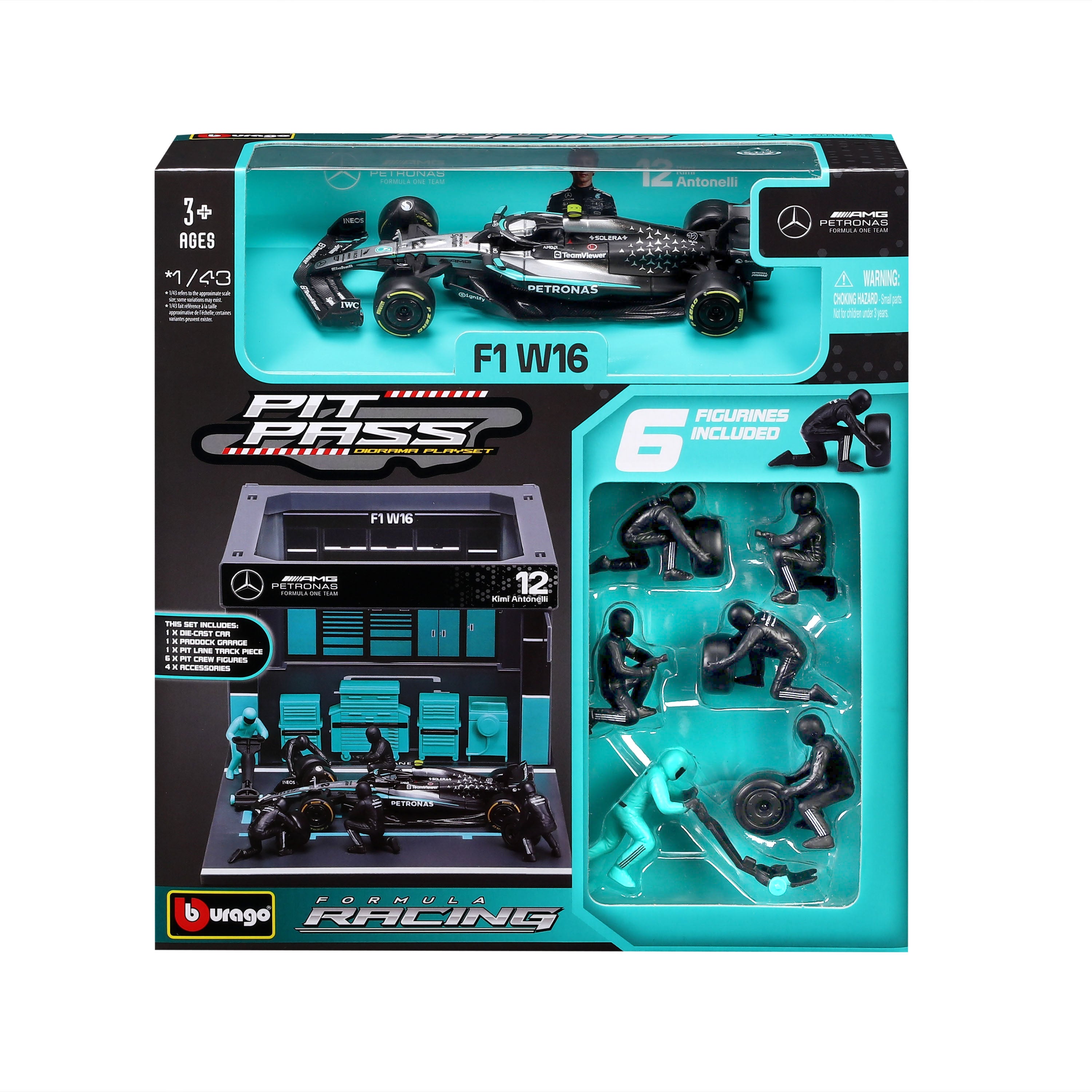 bburago-pit-stop-mercedes-amg-f1-w16-12-kimi-antonelli-2025-1-43-playset-diorama image 5