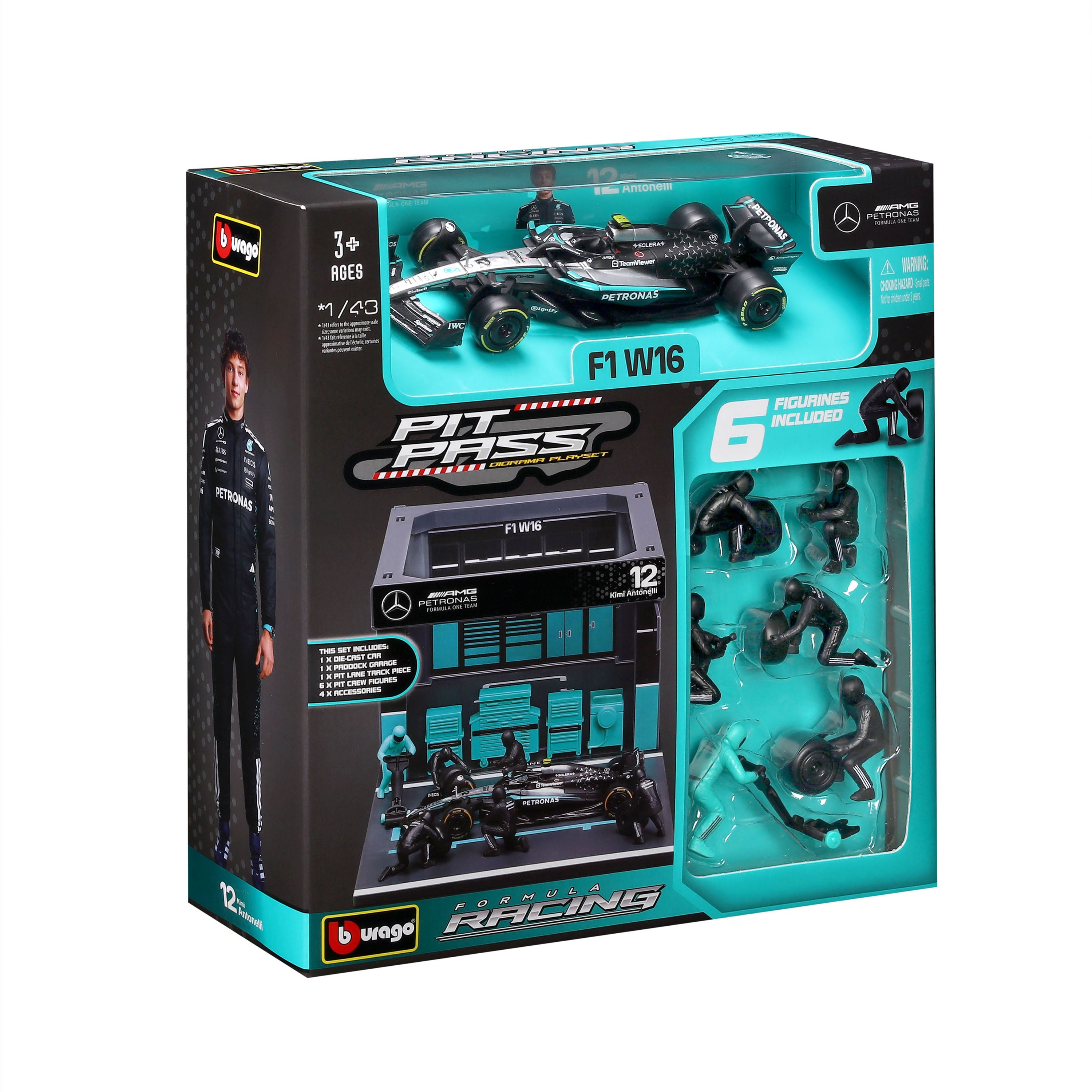bburago-pit-stop-mercedes-amg-f1-w16-12-kimi-antonelli-2025-1-43-playset-diorama image 2