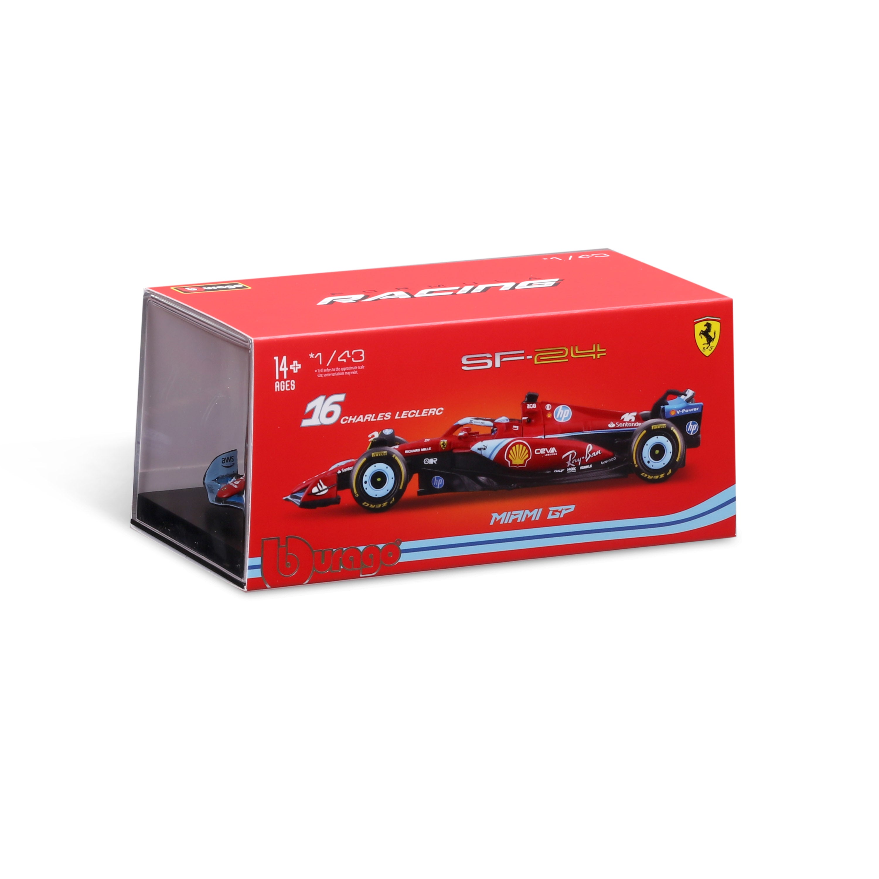 bburago-ferrari-f1-sf-24-16-leclerc-miami-2024-1-43-avec-pilote-et-vitrine image 2