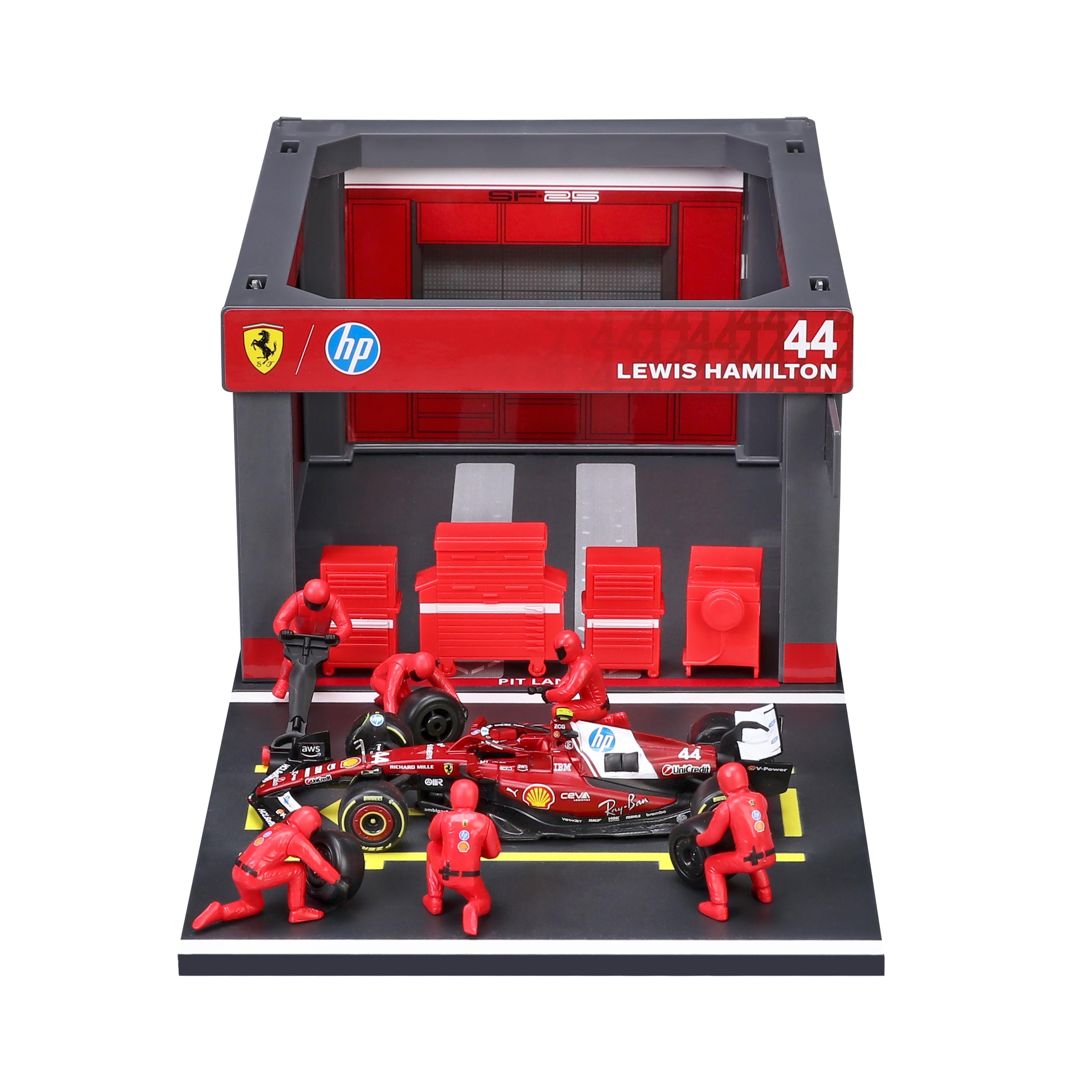 bburago-ferrari-sf-25-hamilton-44-pit-stop-playset-diorama-f1-1-43 image 3